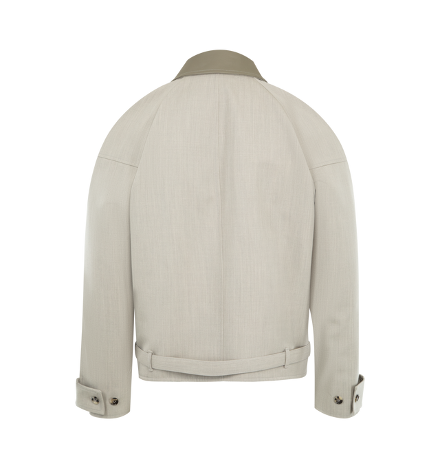 Image 2 of 3 - GREY - BOTTEGA VENETA Wool Melange Blouson featuring cabat shoulder construction, leather collar, zipper pockets with metal knot zipper pull, belt with leather buckle, zipper closure and relaxed fit. 100% wool. Made in Italy.