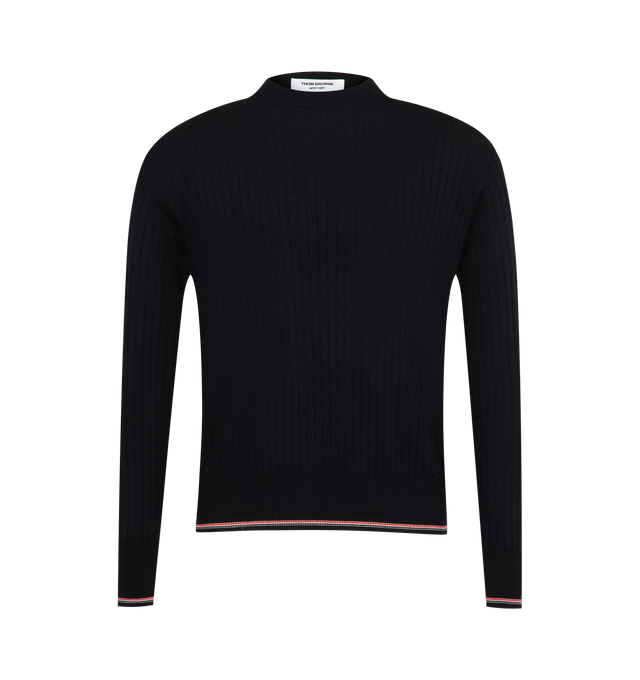 Image 1 of 2 - BLUE - Thom Browne Mens Crewneck Sweater is crafted from fine-gauge merino wool knit. Features a crew neckline, long sleeves, ribbed collar, cuffs, and hem with signature RWB tipping, and signature striped grosgrain loop tab. Main Material: 97% Wool, 3% Polyamide. Made in Italy.