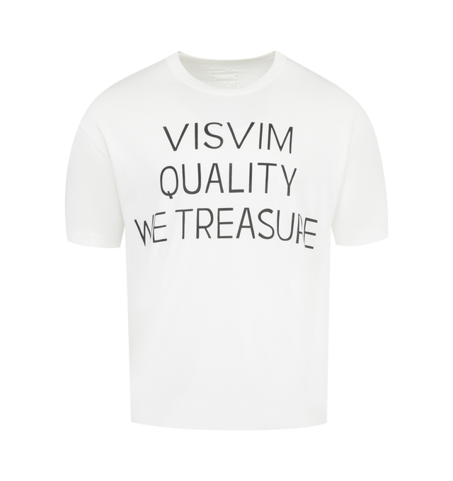 Image 1 of 2 - WHITE - VISVIM Cotton Crewneck Short Sleeve T-Shirt featuring jumbo silhouette and "VISVIM QUALITY WE TREASURE" Print Detail. 100% Cotton with one wash.