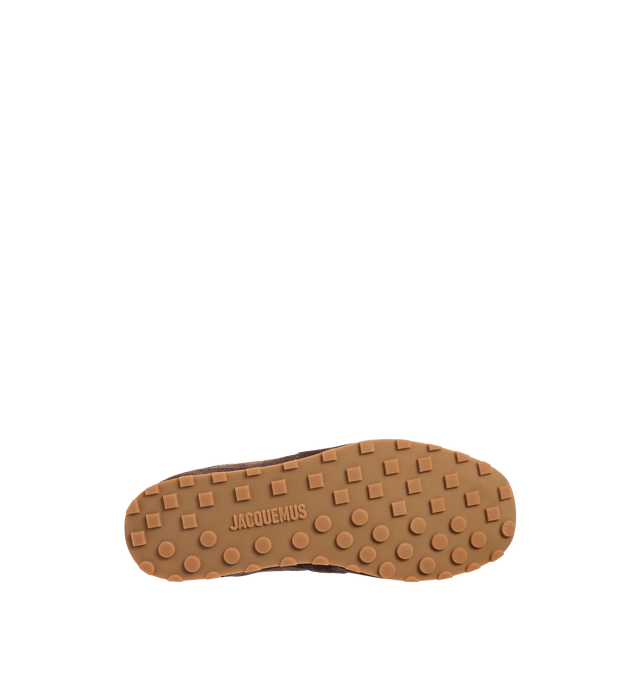 Image 3 of 4 - BROWN - JACQUEMUS Tennis Sneaker featuring soft crocodile-embossed suede, almond-shaped toe, flat laces, embossed logo on the tongue, embossed logo on the heel tab, removable leather-covered insole and rubber outsole in a round and square shape. 100% calf leather. Outsole: 100% thermoplastic polyurethane. Made in Portugal.