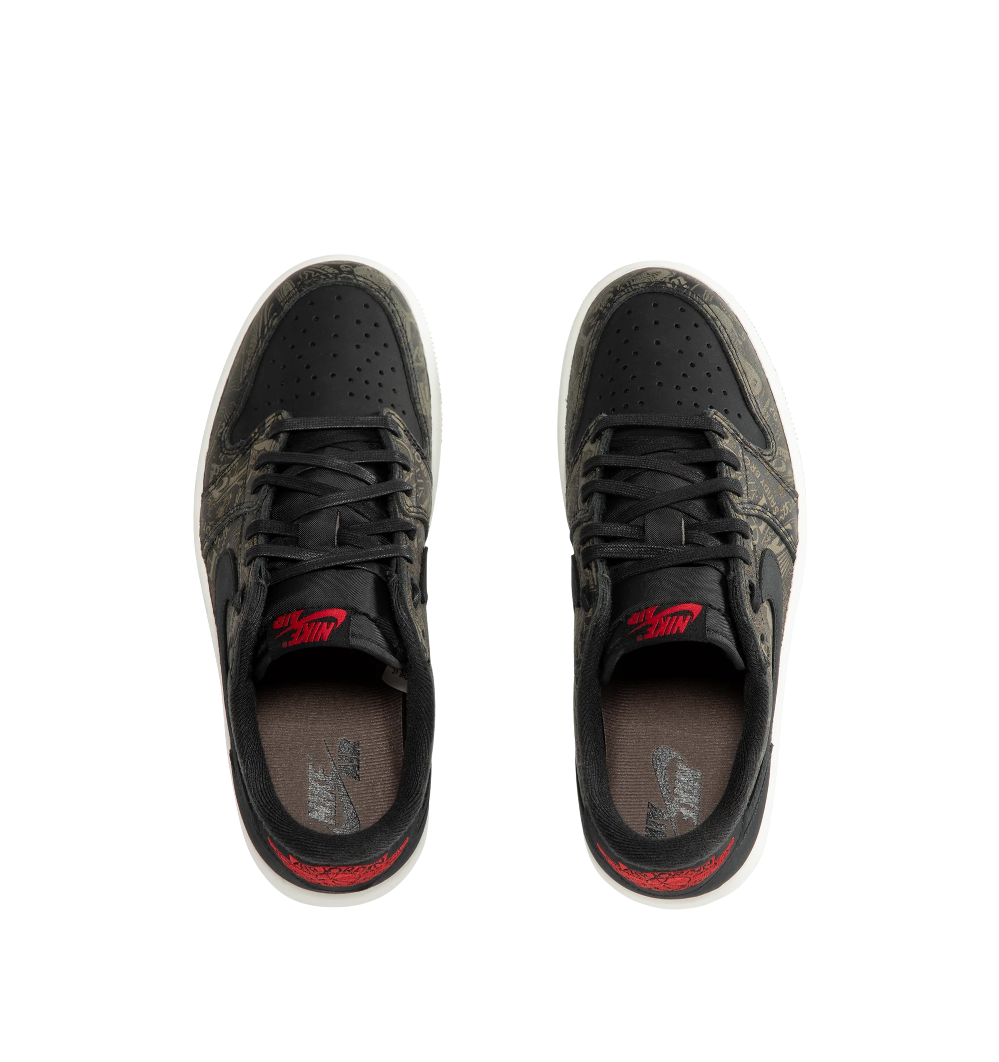Image 5 of 5 - MULTI - Jordan Men's Air Jordan 1 Low OG "Laser" Sneakers feature a genuine leather upper in Black, Summit White, and Varsity Red. Inspired by the original 1985 silhouette, the low-top design is finished with a foam midsole, encapsulated Air-Sole cushioning, and a solid rubber outsole for durable traction. Upper: Genuine Leather. Midsole: Foam. Sole: Rubber.