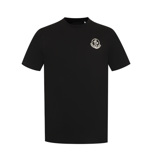 Image 1 of 1 - BLACK - Moncler Mens Cotton Logo Patch T-Shirt is crafted from cotton jersey. Features a regular fit, crew neck, short sleeves, and embroidered logo patch. Base Fabric: 100% Cotton; Collar Rib: 100% Cotton. Made in Turkey.