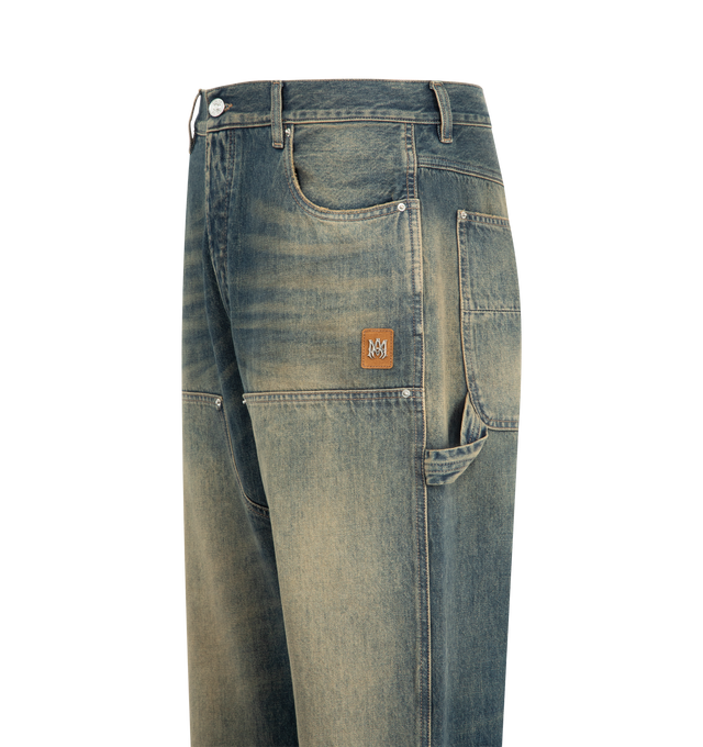 Image 4 of 4 - BLUE - AMIRI Lightweight Distressed Carpenter Jeans featuring distressed details, zip fly with button closure, five-pocket style, carpenter pocket and hammer loop. 100% cotton. Made in Italy.