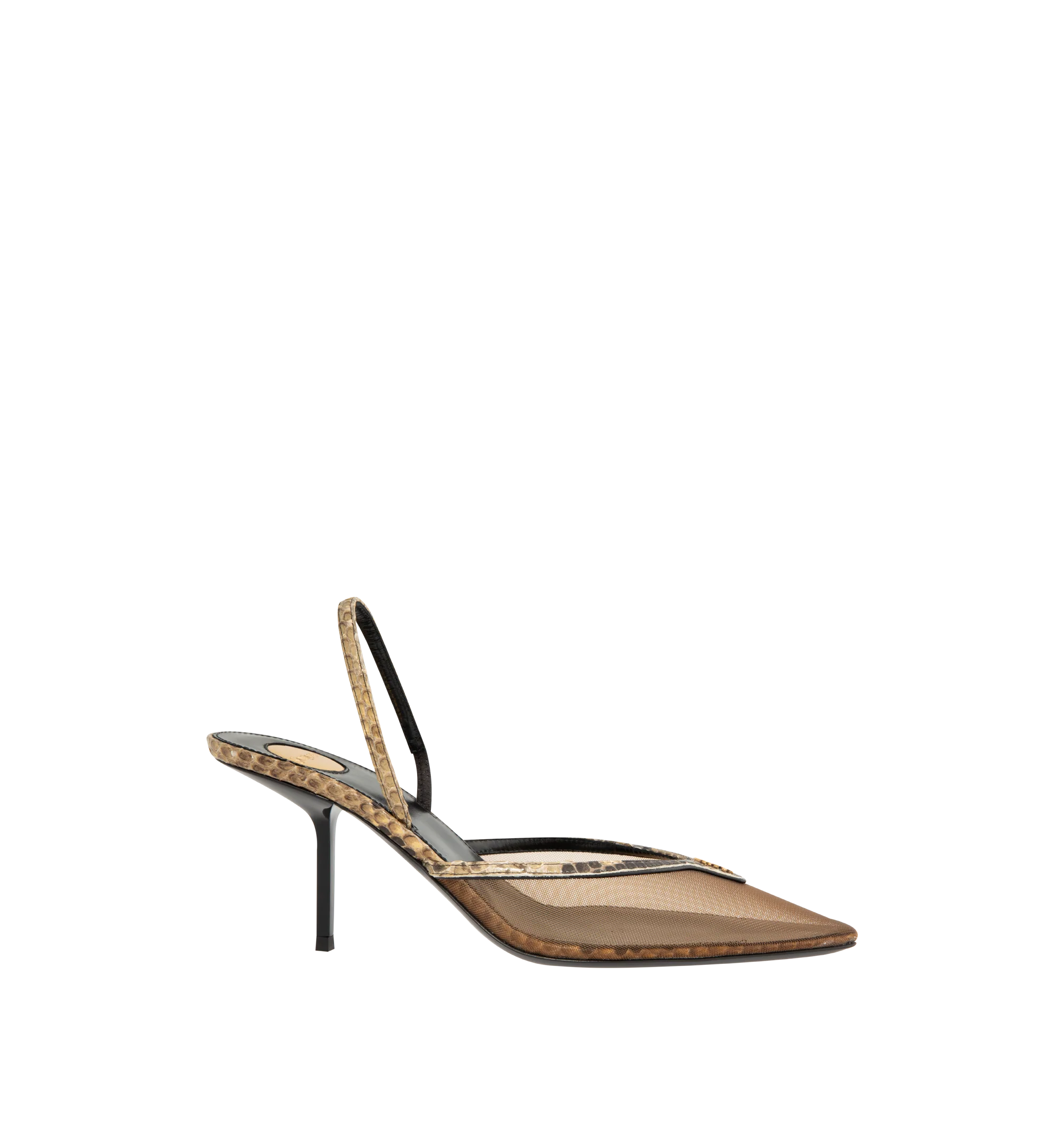 Image 1 of 4 - BROWN - Saint Laurent Women's Slingback Pumps are crafted from semi-sheer mesh with python trim and feature a pointed-toe silhouette accented by the iconic Cassandre hardware. Designed with an elasticized slingback strap, low stiletto heel, leather sole, and a Saint Laurent-engraved metal plaque on the insole for an elegant and refined finish. Main Material: 70% Polyamide, 30% Python. Lining: Calf Leather. Sole: Calf Leather. Heel Height: 7.5 cm / 75mm . Made in Italy.