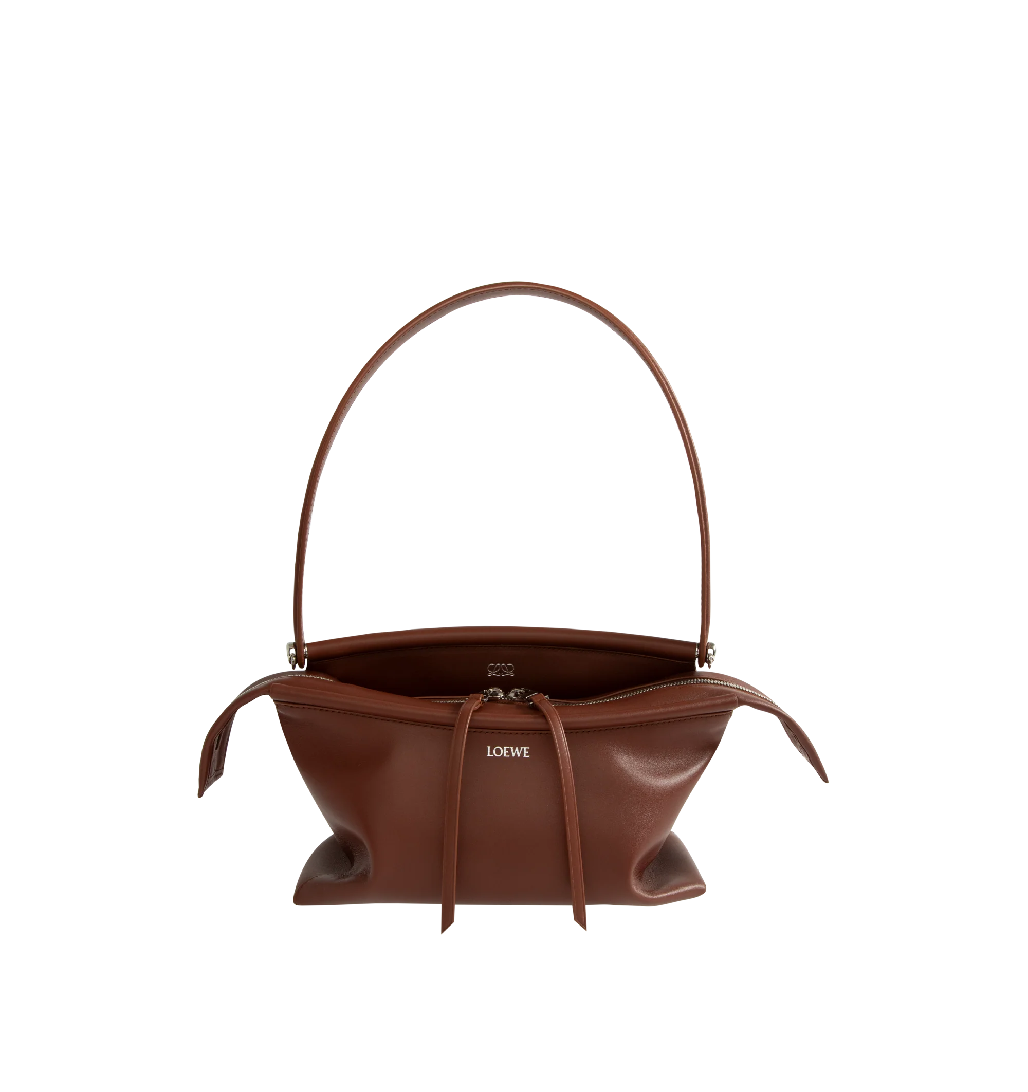 Image 1 of 3 - BROWN - Loewe Small Whisker Bag is crafted from black glazed calfskin and features a slouchy silhouette with a structured handle and oversized zip opening. Designed for shoulder, crossbody, or hand carry, it includes a detachable strap with rotating dog clips, articulated zipper pulls, foldable D-rings, an exterior flat pocket, and an interior flat pocket. Gold-tone hardware and embossed Loewe and Double L branding complete the design. Fits a large phone, small wallet, sunglasses, and keys. M