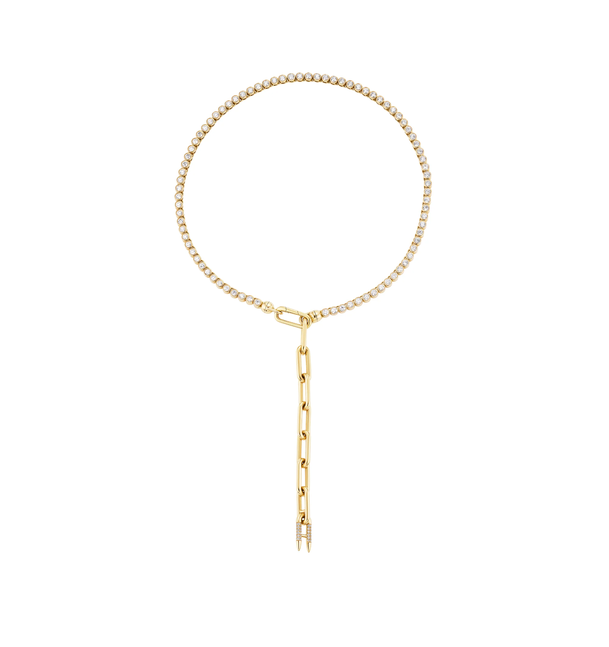 Image 3 of 4 - GOLD - Uniform Object Solid 14" 18K gold bezel set brilliant tennis necklace + 4" of heavy metal chain extender. Comes with a removable spring clasp + signature diamond encrusted spur. Crafted from 37G of 18K solid yellow gold with 8.7 TCW of 3MM round diamonds. Handmade in New York City. Cheap Luxury Handbag Shop offers a range of pieces from this collection in-store. For personal consultation and detailed information about jewelry, please contact our dedicated stylist team at personalshopping@hirshle