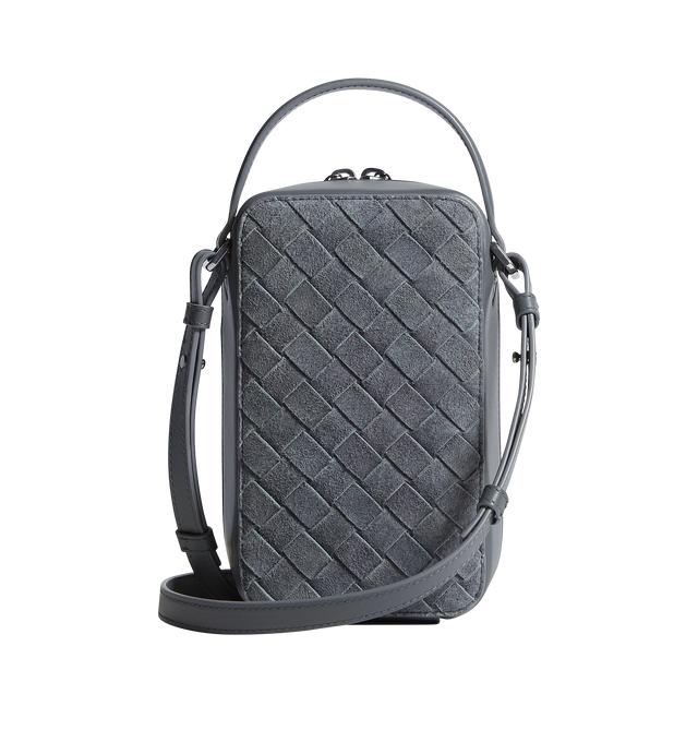 Image 4 of 5 - GREY - BOTTEGA VENETA Getaway Phone Pouch featuring intrecciato denim suede leather phone pouch, handle and adjustable cross-body strap, one main compartment, one flat inside pocket and zipper closure. Lambskin. Made in Italy.