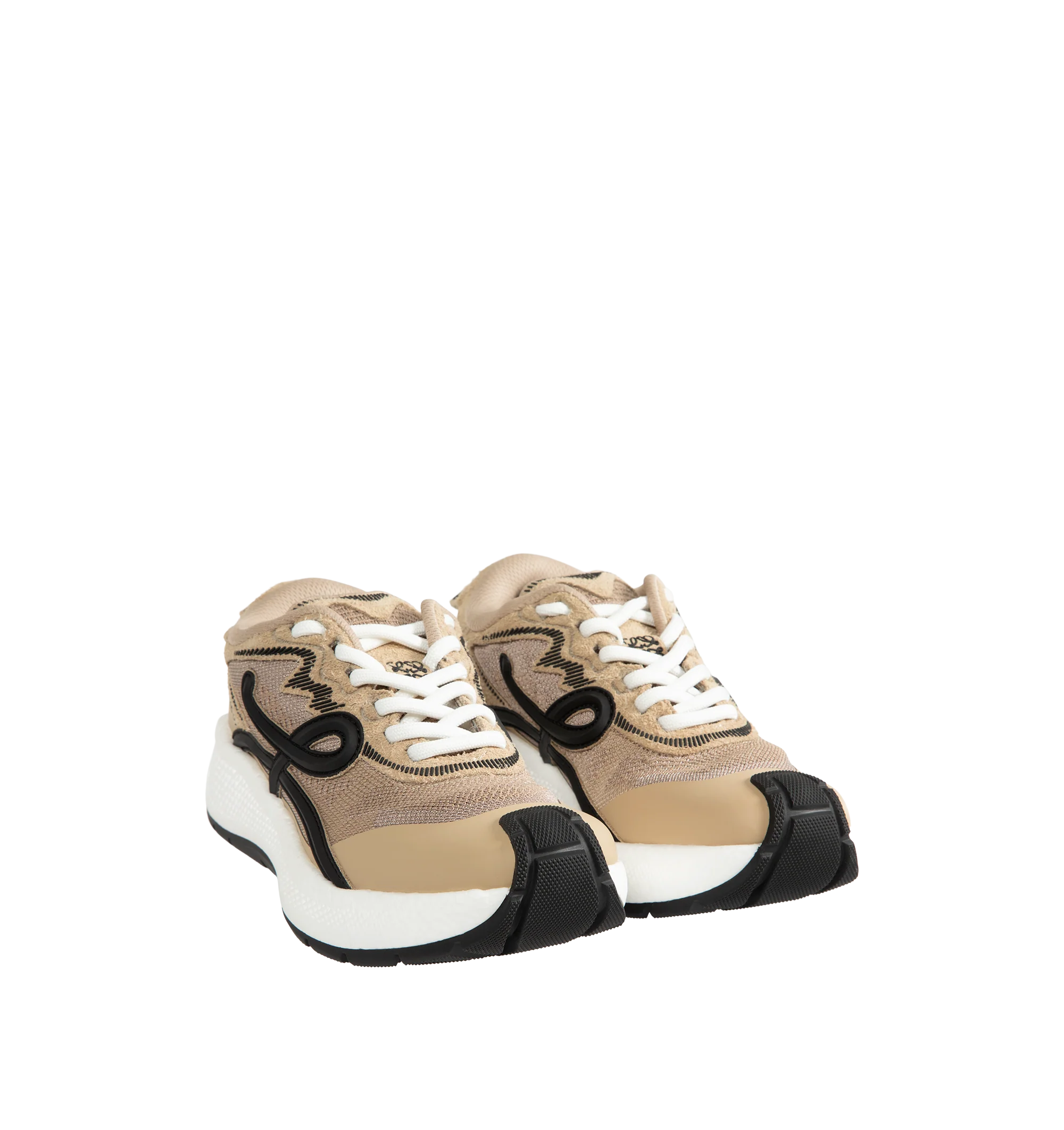 Image 2 of 5 - NEUTRAL - Loewe Women's Pogo Sneakers are crafted from technical knit and suede and feature a bold silhouette with a layered upper and textured two-piece sole. Designed with double laces, the signature L monogram at the side. Main Material: Technical Knit and Suede. Lining: Technical Fabric. Sole: Rubber. Heel Height: 4 cm. Made in Italy. 