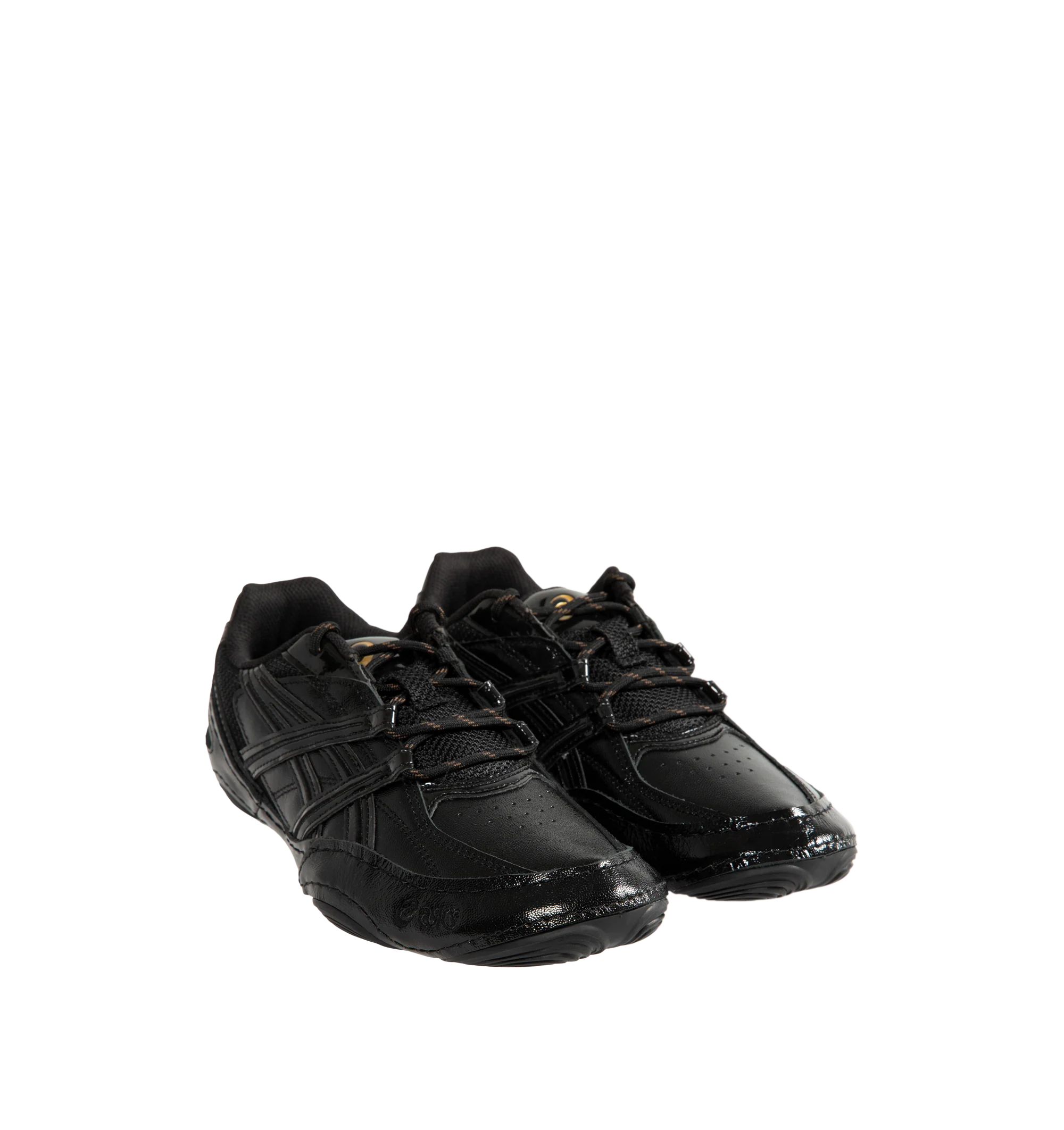 Image 2 of 5 - BLACK - Asics Hypersync Sneakers are inspired by the brand's archived wrestling and track field footwear, combining heritage design with modern comfort. Featuring a breathable air mesh upper with textured patent leather overlays, decorative stitching, and premium gold logo detailing, these designer sneakers deliver a sleek, low-profile silhouette. Finished with an OrthoLite sockliner for enhanced cushioning, a durable AHARPLUS rubber outsole inspired by the SNAPDOWN wrestling shoe, and a no