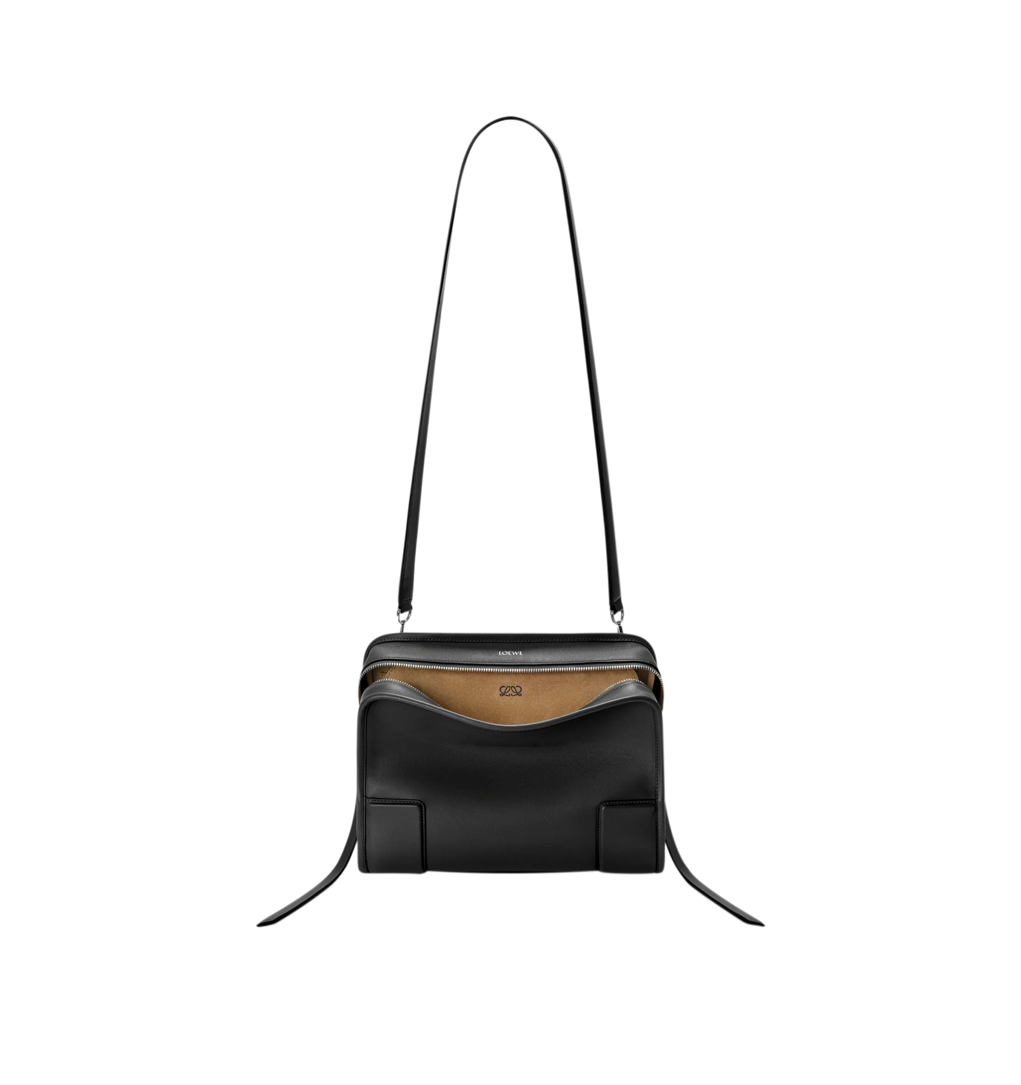 Image 11 of 17 - BLACK - Loewe Amazona Medium 180 Bag in soft calfskin leather featuring a relaxed silhouette with a single toron top handle, designed to be carried open, while a concealed closure secures the main compartment, removable shoulder and crossbody straps, zip closure with two leather zip pullers, two compartments, main compartment closed with magnetic closure, internal flat pocket, suede lining and embossed logo. Soft calfskin. Strap length 108 cm; Strap Drop 50 cm; Handle drop 11 - 28 cm; Heigh 