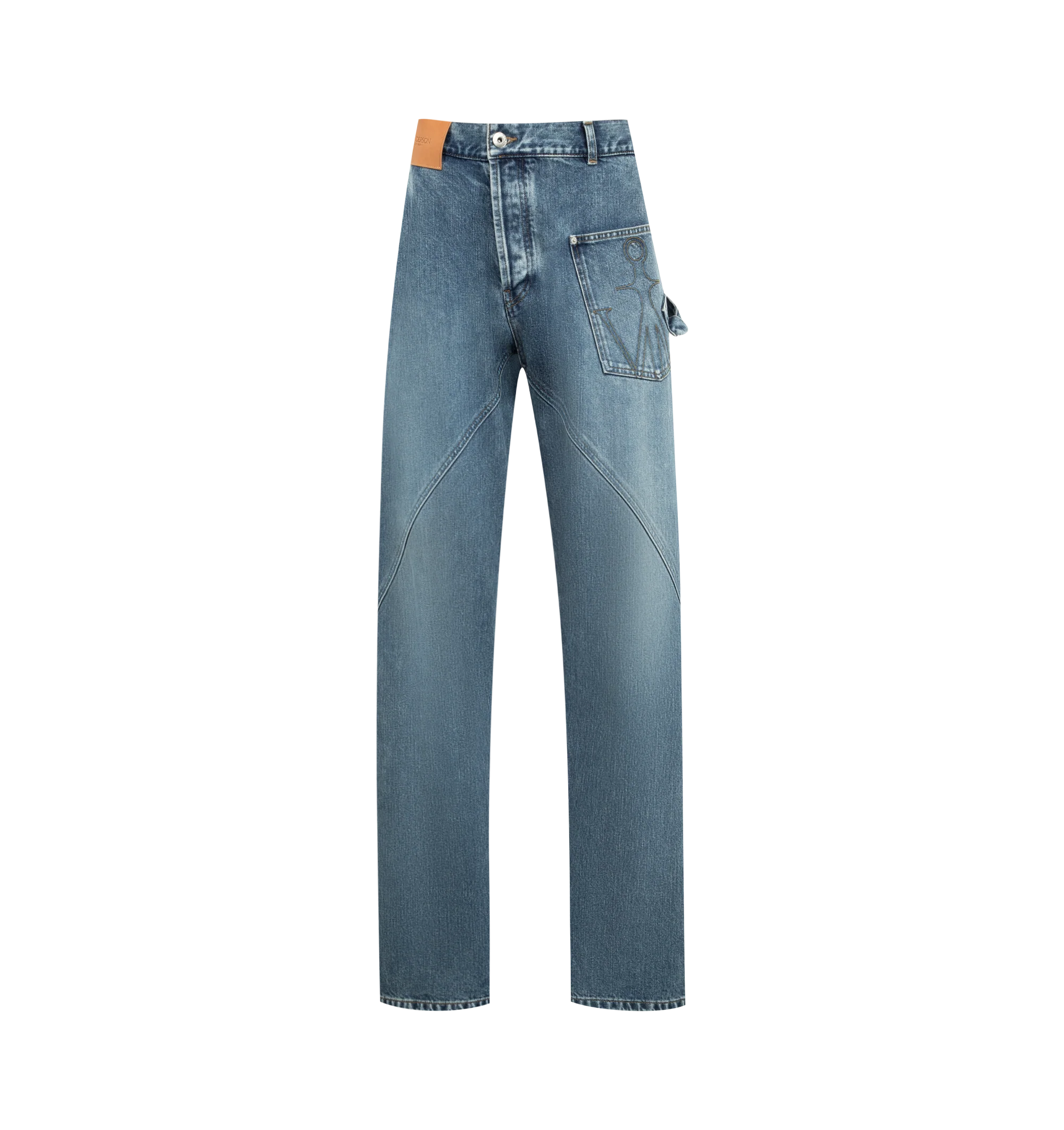 Image 1 of 3 - BLUE - JW ANDERSON Twisted Workwear Jeans featuring a large leather logo patch, anchor stitched pocket, engraved metal shank buttons, logo rivets and orange binding. 100% cotton. Made in Japan.