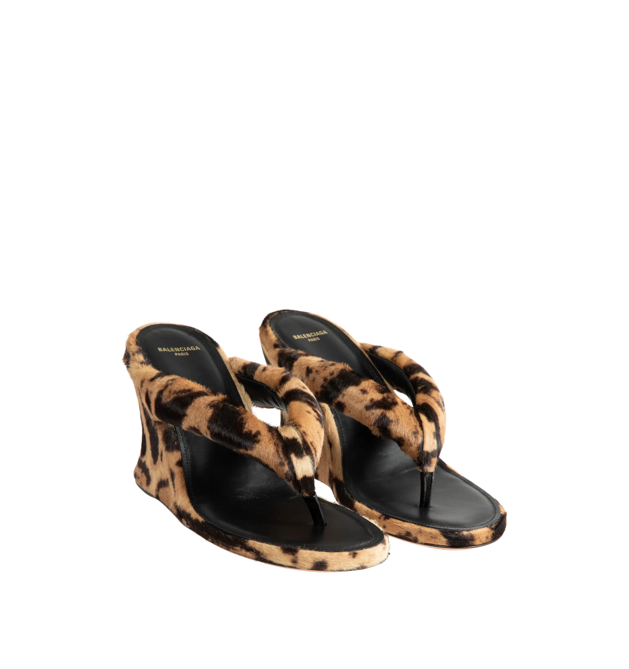 Image 2 of 4 - MULTI - Balenciaga Womens Gaeta Wedge Thong Sandals are crafted from ocelot-print calf hair. Feature a round toe, padded thong strap, slip-on design, wedge heel, and leather sole. Main Material: 100% Calf Hair Leather; Sole: Leather. Made in Italy.