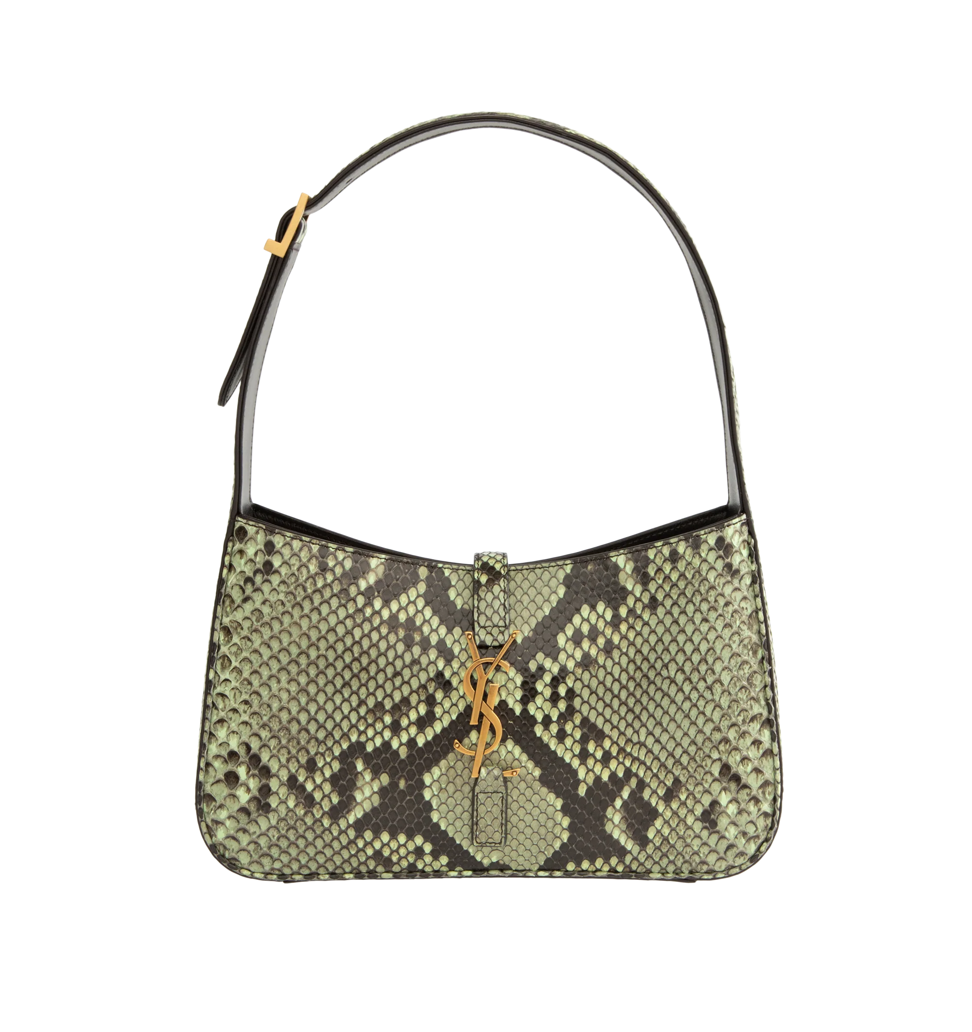 Image 1 of 3 - GREEN - Saint Laurent Le 5 7 leather shoulder bag featuring gold hardware, the 'Cassandre' logo detail, and suede lining. Compact and spacious, it features an interior zipped pocket and adjustable shoulder strap. Dimensions: 9 x 6.2 x 2.5 inches with 7.8 inch strap drop. Fits a large phone, card case, keys and other small essentials. Material: leather. Made in Italy.