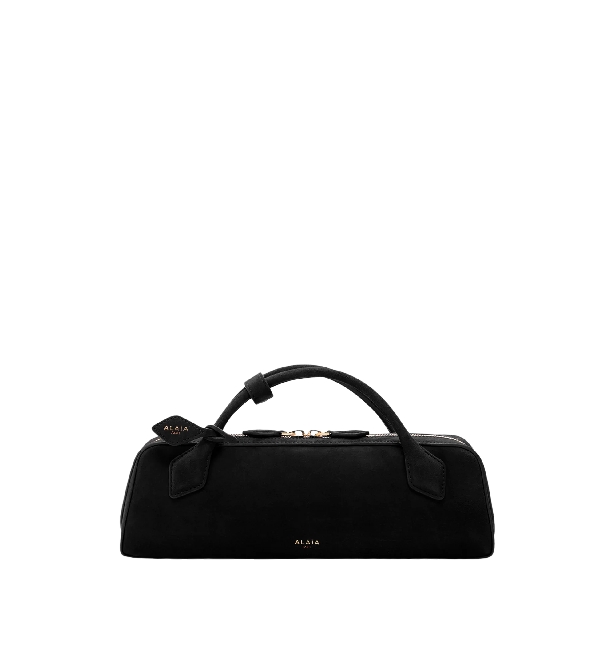 Image 1 of 1 - BLACK - Azzedine Alaia clutch version of the emblematic Le Teckel bag crafted from suede goatskin leather featuring an elongated shape, tubular short handles with decorative ties, double zip closure, small removable mirror on the inside pocket. Material: Leather. Dimensions (cm) : L 31 X H 10 X D 7. Made in Italy.