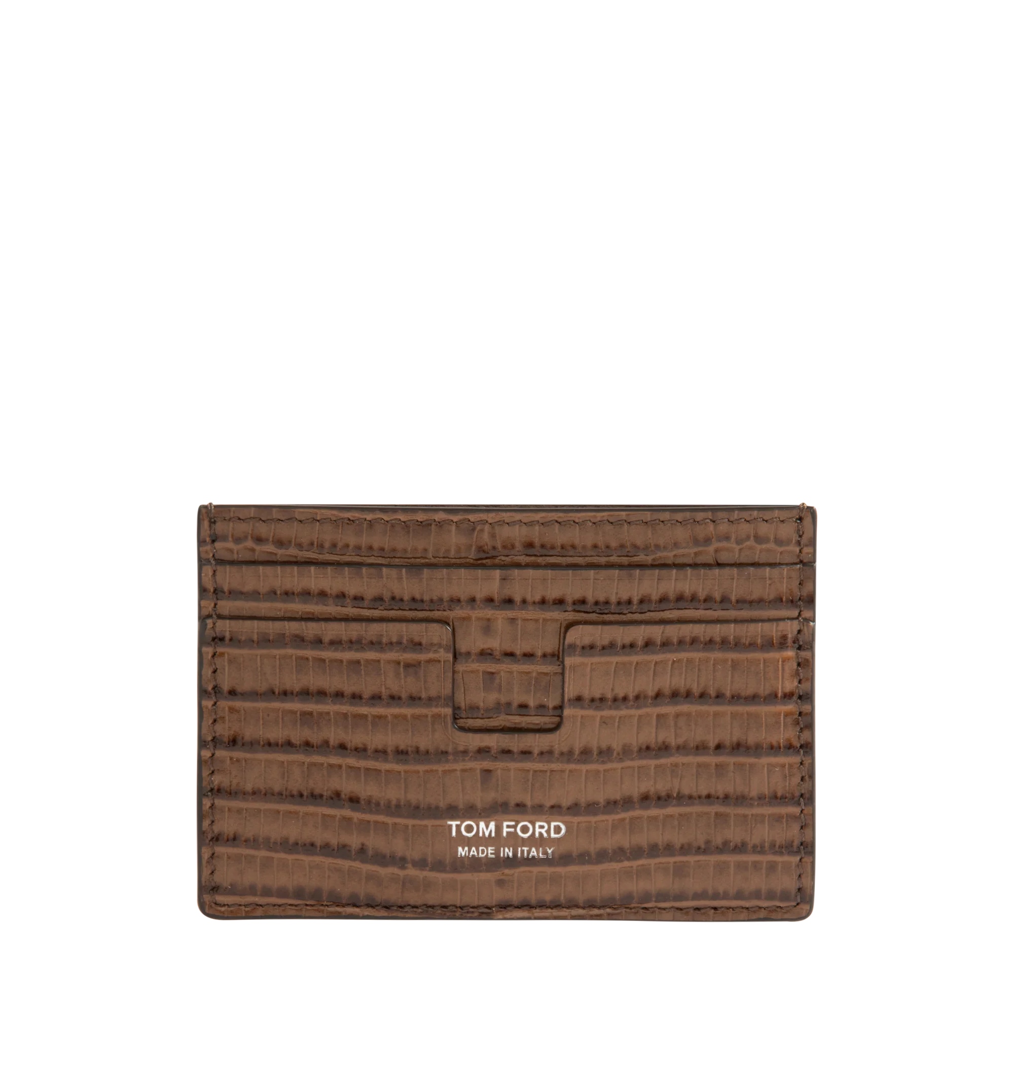 Image 1 of 3 - BROWN - Tom Ford T Line Card Holder is crafted from soft grain calf leather and features the signature elongated T detail. This designer combines refined craftsmanship with elevated functionality for daily use. Main Material: 100% Calf Leather. Lining: 70% Calf Leather, 30% Sheep Leather. Made in Italy.