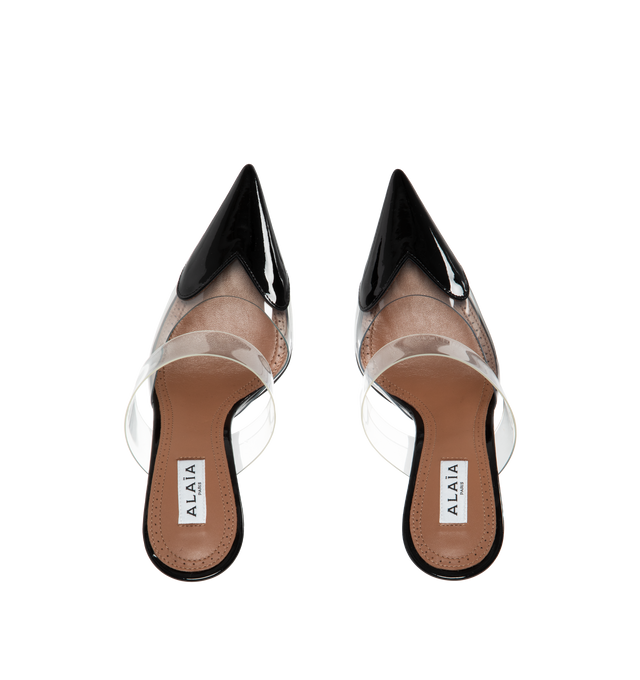 Image 3 of 4 - BLACK - ALAIA HEART MULES IN PATENT CALFSKIN with 90mm heel, featuring heart cut at the front of the shoe. 60% calfskin, 40% polyurethan with 100% lambskin lining and calfskin sole. Made in Italy. 