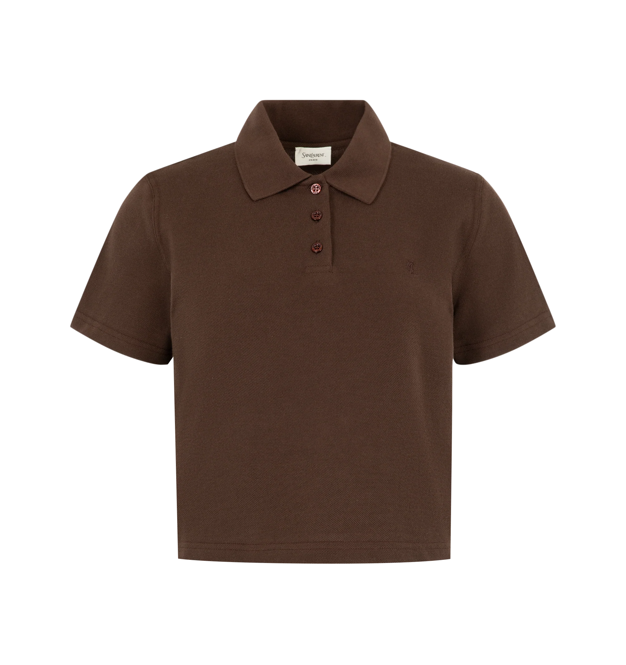 Image 1 of 2 - BROWN - Saint Laurent Women's Cropped Polo Shirt featuring short-sleeves, a tonal logo embroidery at the chest, three-button placket and polo collar. 100% cotton. Made in France.
