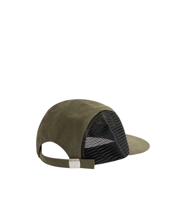 Image 3 of 3 - GREEN - HUMAN MADE Longbill Cap featuring four-panel design, canvas with distressed processing, nylon mesh side panels, long, flat brim, heart logo embroidered on the front and adjustable strap at the back. 54% cotton, 46% polyester. Mesh: 100% nylon. Made in Japan.