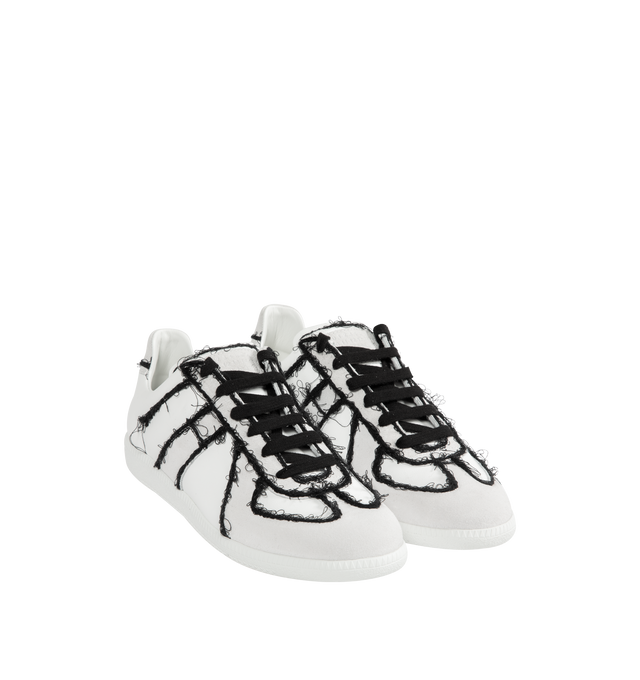 Image 2 of 5 - WHITE - MAISON MARGIELA High Quality Luxury Sneaker featuring smooth calf leather, distressed embroidery threads that trace the outline of each seam, lace up closure and white stitch appears at the back.? 100% calf leather. Sole: 100% rubber.