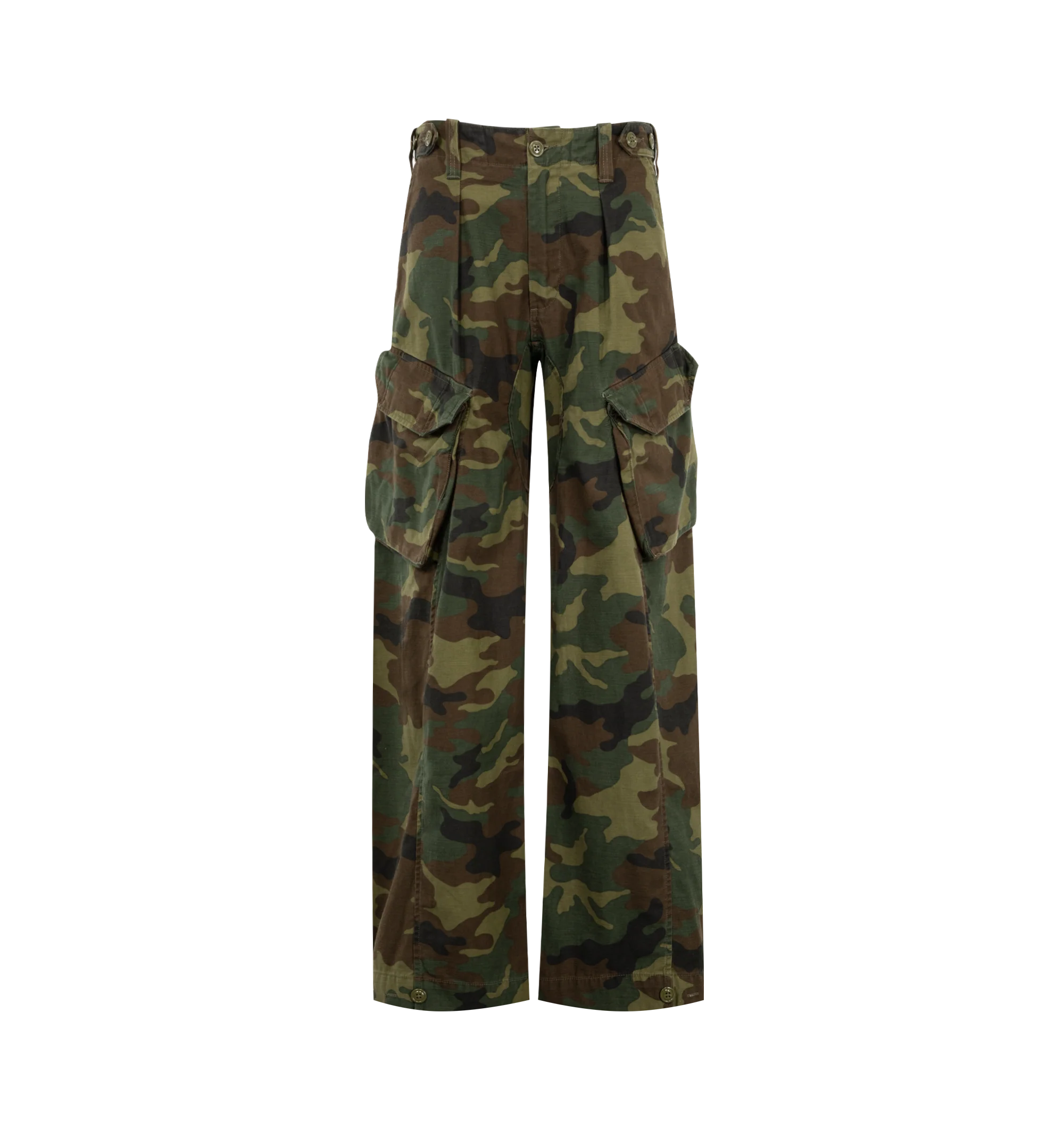 Image 1 of 3 - GREEN - R13 Womens Barrel Cargo Pants are crafted from Japanese camo ripstop and feature a barrel-leg silhouette with an elastic waistband and adjustable buttoned hems. Main Material: 100% Cotton.