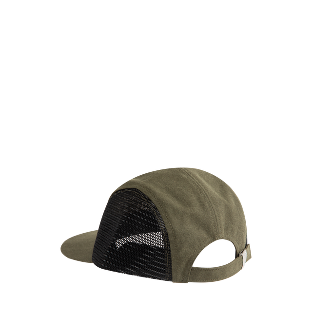 Image 2 of 3 - GREEN - HUMAN MADE Longbill Cap featuring four-panel design, canvas with distressed processing, nylon mesh side panels, long, flat brim, heart logo embroidered on the front and adjustable strap at the back. 54% cotton, 46% polyester. Mesh: 100% nylon. Made in Japan.