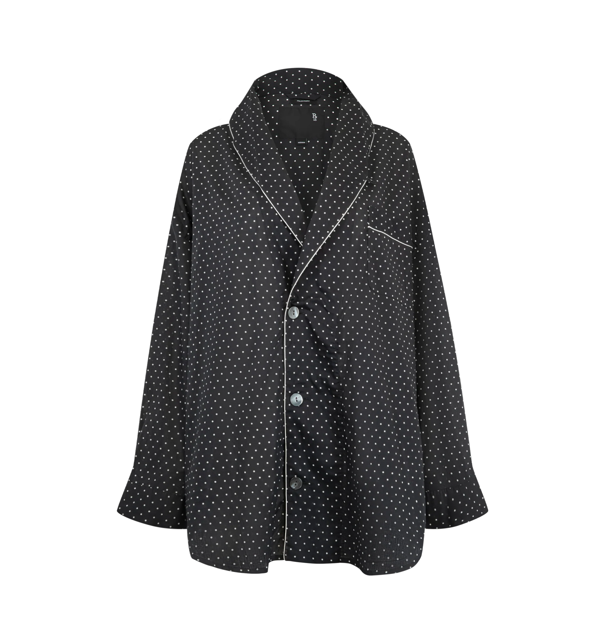Image 1 of 2 - BLACK - R13 Women's Shawl Lapel Shirt is crafted in a lightweight fabric and features an oversized silhouette with a distinctive shawl collar. Designed with a button-front closure and relaxed proportions. Main Material: 100% Cotton.