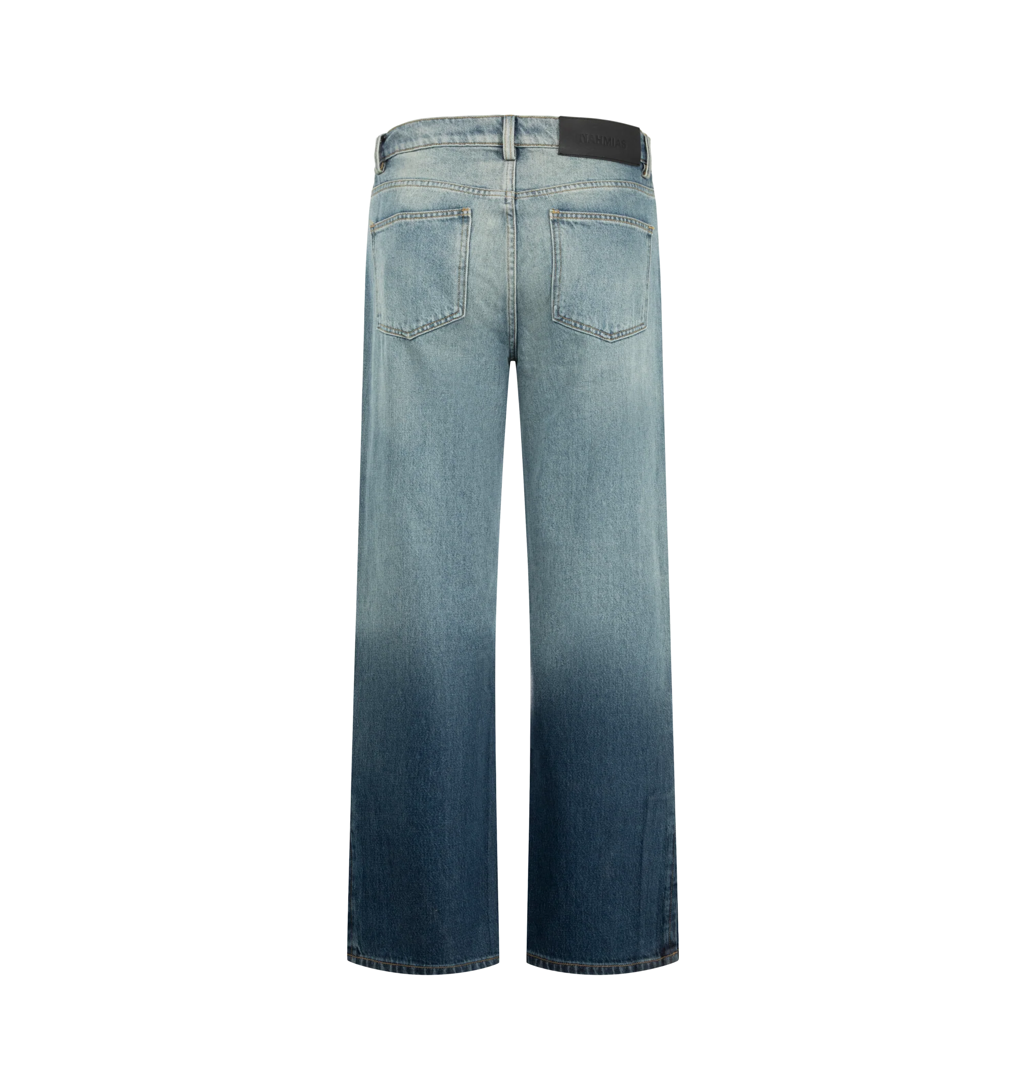 Image 2 of 4 - BLUE - Nahmias Men's High Tide Split Seam Straight Leg Jeans are crafted from 100% cotton denim and feature a straight-leg silhouette with signature split-seam construction. Designed in a medium indigo wash, these designer jeans are finished with a waxed hem that creates a distinctive wet, just-out-of-the-water effect and a Summerland label detail at the split seam. Main Material: 100% Cotton. Fit: Straight Leg. Closure: Button. Details: Waxed Hem, Summerland Label at Split Seam. Care: Profes