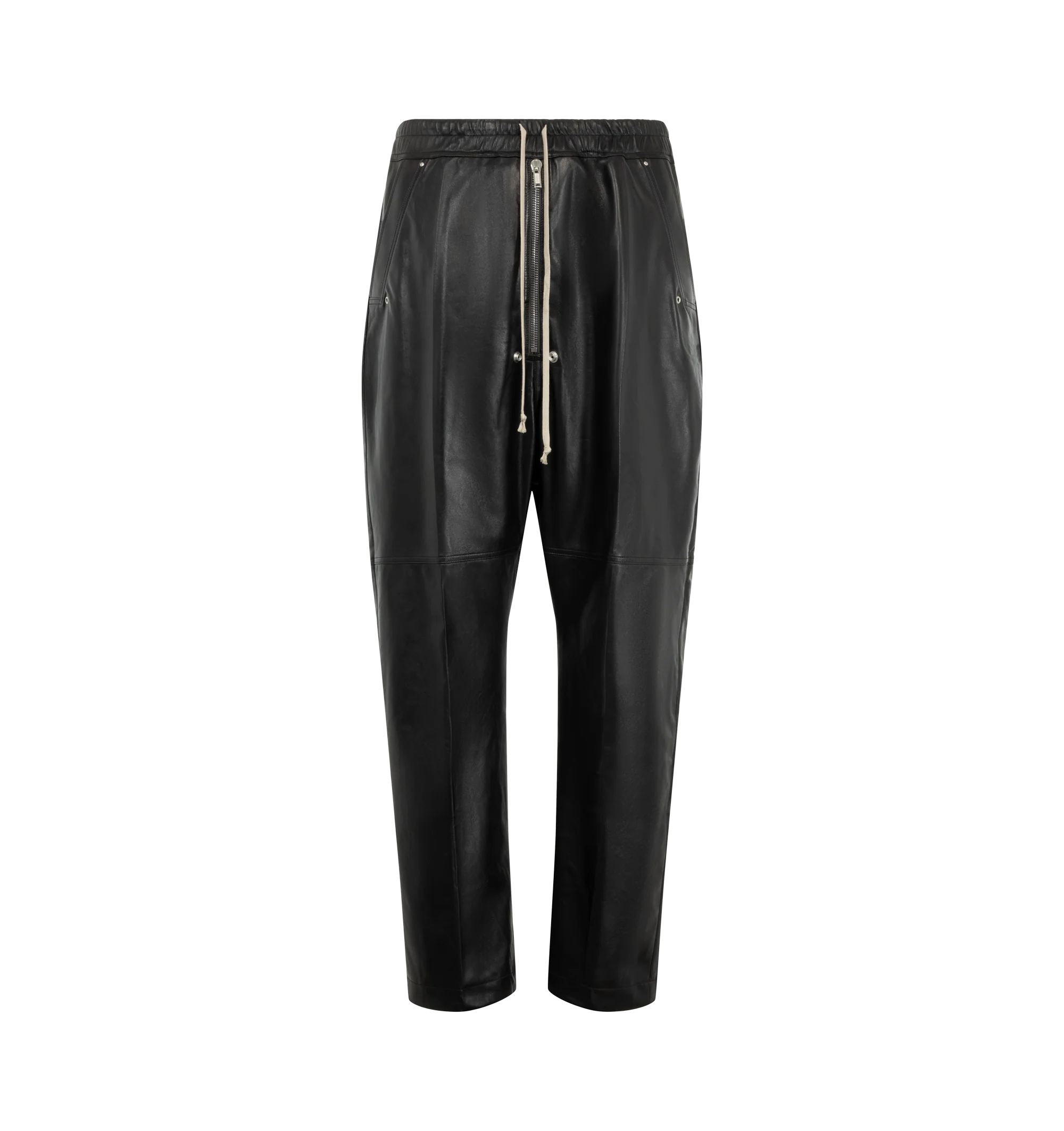 Image 1 of 3 - BLACK - Rick Owens Men's Bela Pants are crafted from lightweight waxed lamb leather and feature a loose-fit, full-length silhouette with a dropped crotch. Designed with an elasticized drawstring waistband, exposed zip Bela fly, side welt pockets, and back flap pockets with snap closures. Main Material: 100% lamb leather. Lining: 100% cupro.