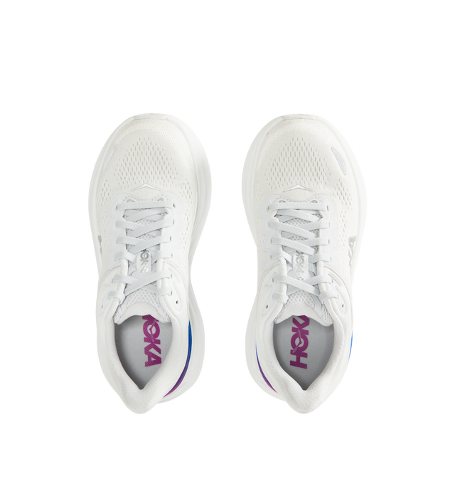 Image 5 of 5 - WHITE - HOKA W Bondi 9 Sneaker featuring performance mesh upper, cushioned collar and tongue, removable contoured insole, supportive midsole, textile lining, lace-up closure, round toe and rubber sole. 