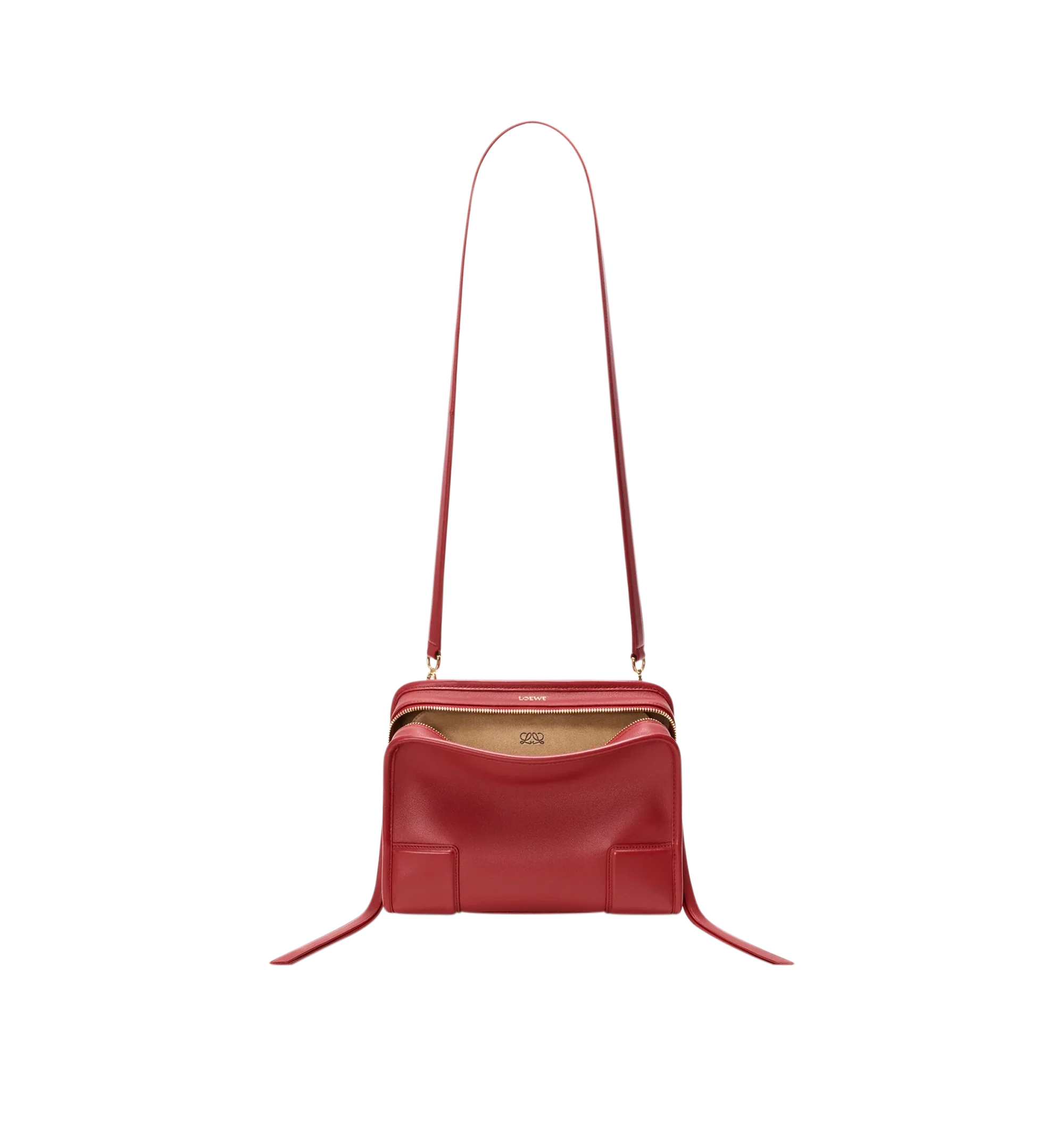 Image 10 of 18 - RED - Loewe Small Amazona 180 Bag in leather features a relaxed silhouette anchored by a single toron top handle, designed to be carried open, while a concealed closure secures the main compartment, three carry options: short handle, removable shoulder strap and crossbody, zip closure with two leather zip pullers, two compartments, main compartment closed with magnetic closure, internal flat pocket, left side d-ring for customization, nappa lambskin lining, and embossed double L branding. L