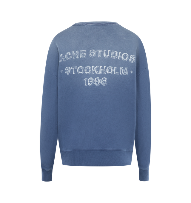 Image 2 of 2 - NAVY - ACNE STUDIOS Sprayed Logo Sweatshirt featuring sprayed cotton fleece, regular fit, below-waist, long sleeves, ribbed trim and Acne Studios 1996 logo stamp on back. 100% cotton. 