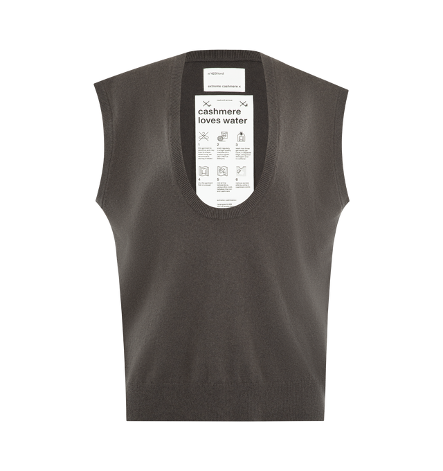 Image 1 of 2 - BROWN - EXTREME CASHMERE Lord Top featuring a comfort fit, sleeveless, deep scoop neckline, a ribbed hem and ribbed armhole details. 88% cashmere, 10% nylon, 2% elastane.