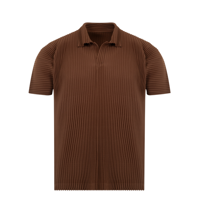 Image 1 of 2 - BROWN - ISSEY MIYAKE Polo featuring polo collar, short sleeves, regular fit and pleats throughout. 100% polyester.