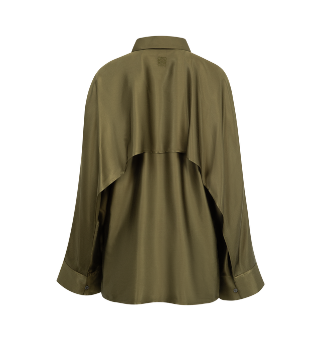 Image 2 of 2 - GREEN - LOEWE Cape shirt in lightweight viscose featuring a cape panel across the back and sleeves, relaxed fit, regular length, classic collar, concealed button front fastening, buttoned cuffs, asymmetric front to back hem and Anagram embroidery placed at the back. Viscose/elastane. Made in Italy.