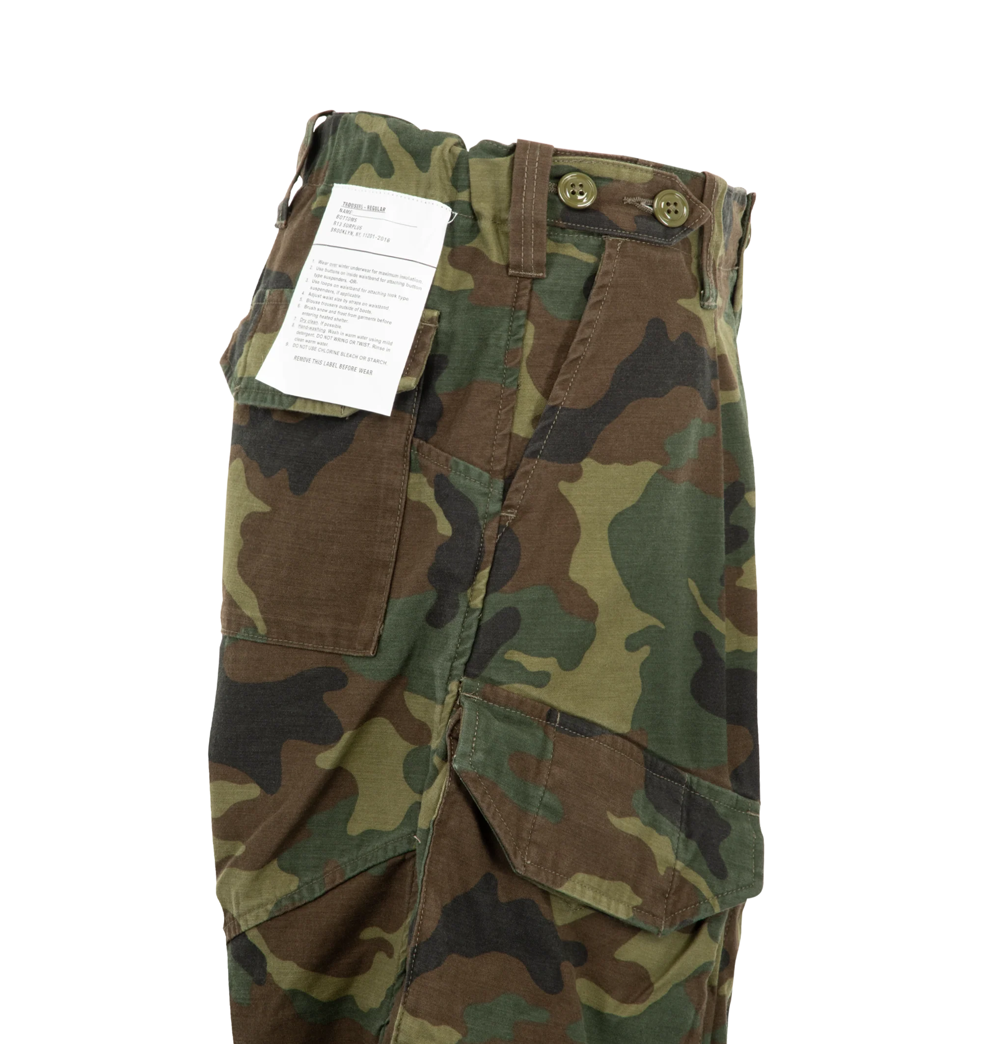 Image 3 of 3 - GREEN - R13 Womens Barrel Cargo Pants are crafted from Japanese camo ripstop and feature a barrel-leg silhouette with an elastic waistband and adjustable buttoned hems. Main Material: 100% Cotton. 