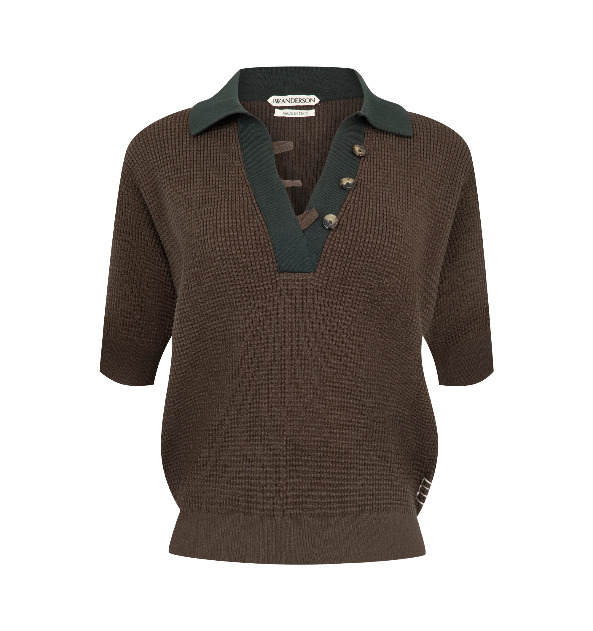 Image 1 of 2 - BROWN - JW Anderson Women's Knitted Polo Top is crafted from a lightweight cotton, cashmere, and polyamide blend and features a short-sleeve silhouette in a textured waffle stitch knit. Designed with a tonal collar and placket, button-front detailing, and a signature loop detail inspired by the brand's tipped bomber jacket for a refined yet contemporary finish. Main Material: 88% Cotton, 9% Cashmere, 3% Polyamide. Made in Italy.
