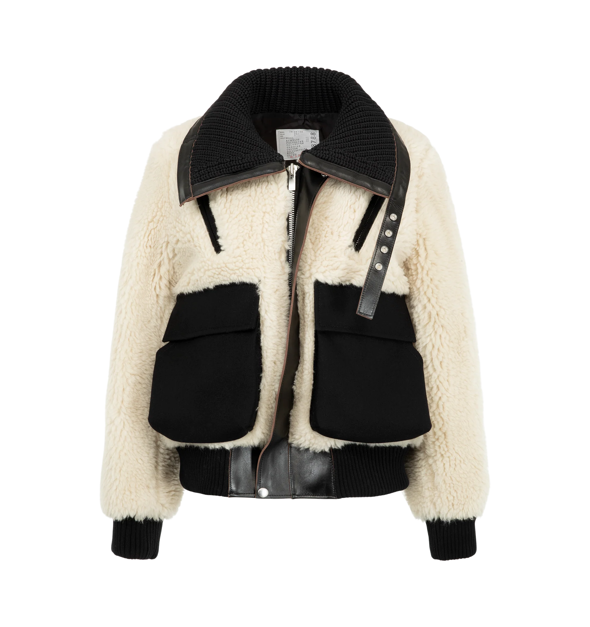 Image 2 of 4 - WHITE - Sacai Women's Wool Faux Shearling Blouson Jacket is crafted in a contrasting black and off-white mixed-fur design with plush sherpa and vegan leather trim. Materials: Wool; Polyester, Cowhide leather, Cupro. 