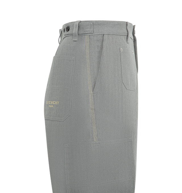 Image 3 of 3 - GREY - GIVENCHY Couture Seam Trousers featuring cargo trousers in herringbone denim, button and zipped closure, contrasting GIVENCHY Paris signature embroidered on the back, three front pockets, two side pockets, two back pockets and Couture seams for a rounded proportion. 100% cotton.