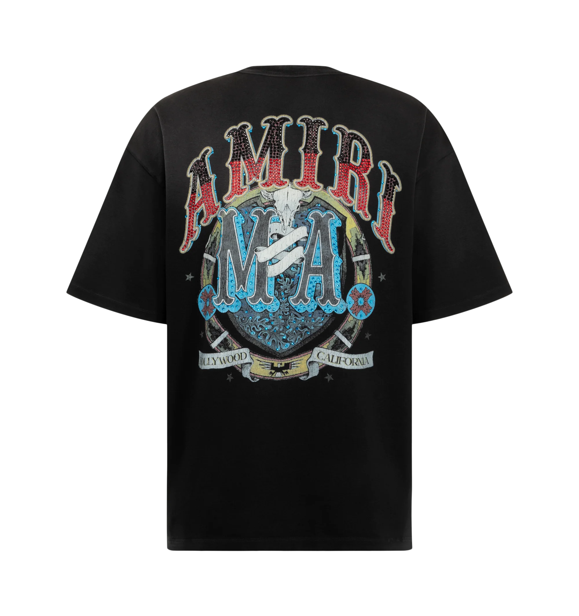 Image 2 of 2 - BLACK - Amiri Men's Crystal Hollywood Oversized Tee is crafted from soft cotton and features a relaxed oversized silhouette detailed with Crystal overlays on the Hollywood-inspired graphics across the front and back. Main Material: Cotton. Fit: Oversized. Details: Graphic Prints at Front and Back. 
