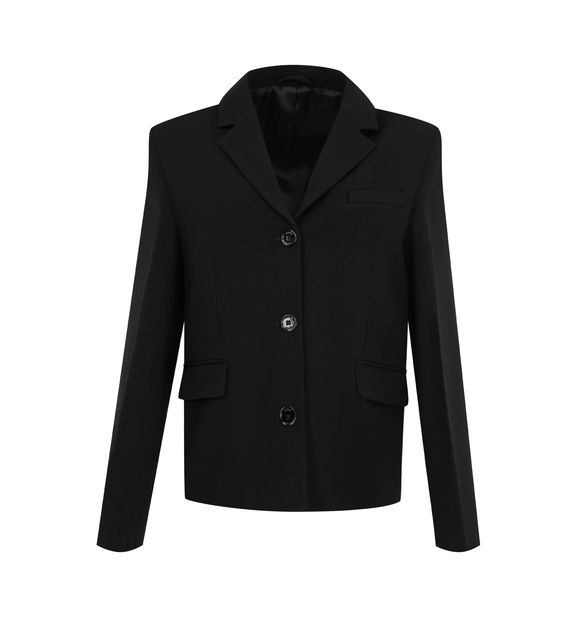 Image 1 of 2 - BLACK - Toteme Women's Short Stretch Wool Blazer features a shorter, boxy cut crafted from a fine stretch wool blend. Fully lined with double jet pockets, and one chest pocket. Can be worn with the coordinating trousers for a tailored look. Materials: 96% RWS wool, 4% elastane; lining: 100% viscose.