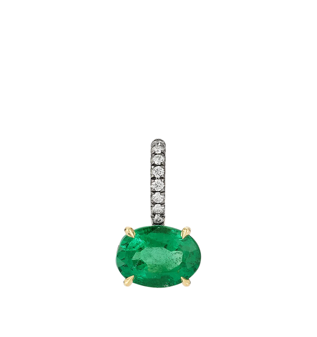Image 2 of 3 - GREEN - JEMMA WYNNE Horizontal Ambian Oval Emerald and Diamond Prive Charm featuring 18kt yellow gold, One of a Kind, horizontal oval emerald stone set in yellow gold with blackened pave diamond bail. 1.8CT emerald, .06CT diamond. 15.5MM. Cheap Luxury Handbag Shop offers a range of initial pieces from this collection in-store. For personal consultation and detailed information about jewelry, please contact our dedicated stylist team at personalshopping@hirshleifers.com. This item may be restricted for onl