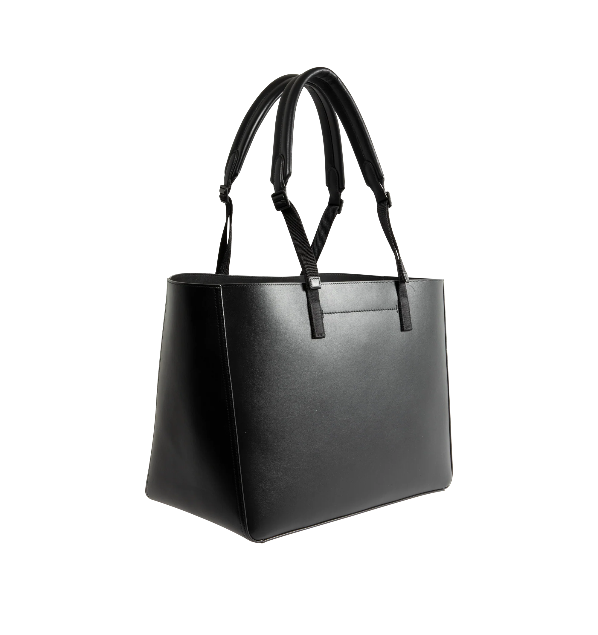 Image 2 of 3 - BLACK - Moncler Men's Carlo Leather Tote Bag is crafted from supple calf leather and features a spacious, clean-lined silhouette designed for versatile everyday use. Finished with adjustable leather handles, an interior pocket with snap-button closure, embossed and metal Moncler logo details, and a stretch polyester-blend lining, this designer tote combines refined craftsmanship with practical organization. Leather Exterior: Cow Leather. Lining: 91% Polyester, 9% Elastane/Spandex. Dimensions: 