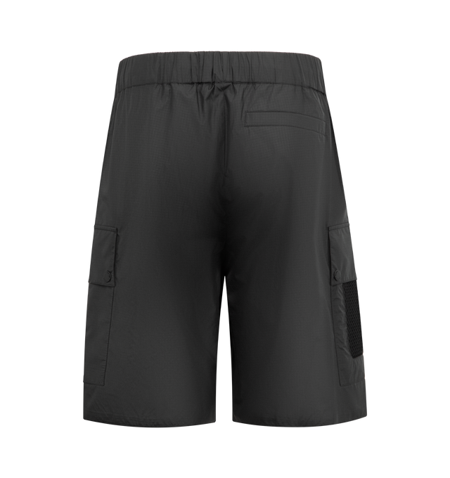 Image 2 of 4 - BLACK - MONCLER Cargo Shorts featuring ripstop fabric, waistband with drawstring fastening, patch pockets with snap button closure and mesh details and logo details. 100% polyester.