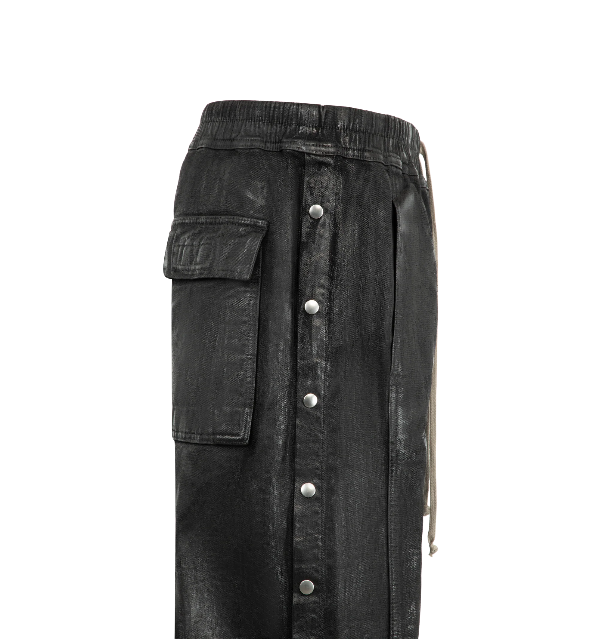 Image 3 of 3 - BLACK - Rick Owens Drkshdw Men's Wide Pusher Pants are crafted from heavyweight cotton sweatshirt jersey and feature a floor-length silhouette with a wide leg and slightly dropped crotch. Main Material: 100% Cotton. Waistband: 97% Cotton, 3% Elastane. Pockets: Side Front Jet Pockets, Square Back Pockets. Closure: Elasticized Drawstring Waist and Snap Side Closures. 