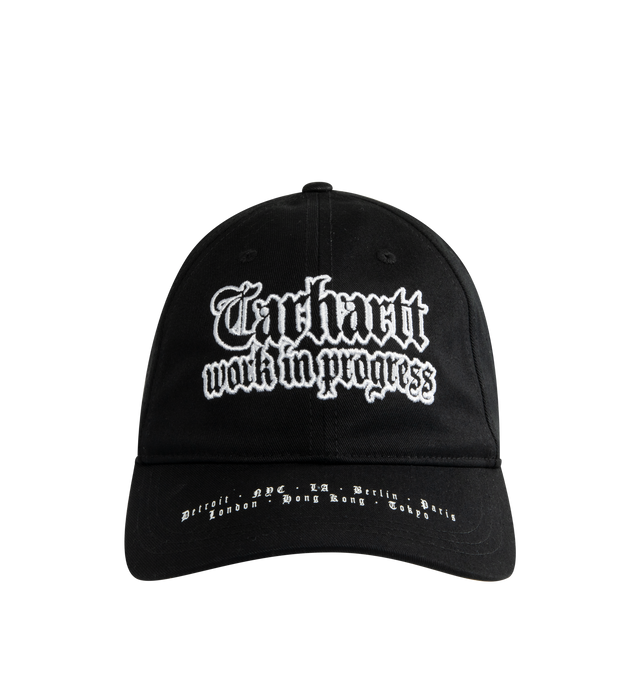 Image 1 of 2 - BLACK - CARHARTT WIP World Tour Cap featuring a six-panel design, midweight cotton twill, firm, curved peak and graphic prints and embroidery appear on the front. 100% cotton.