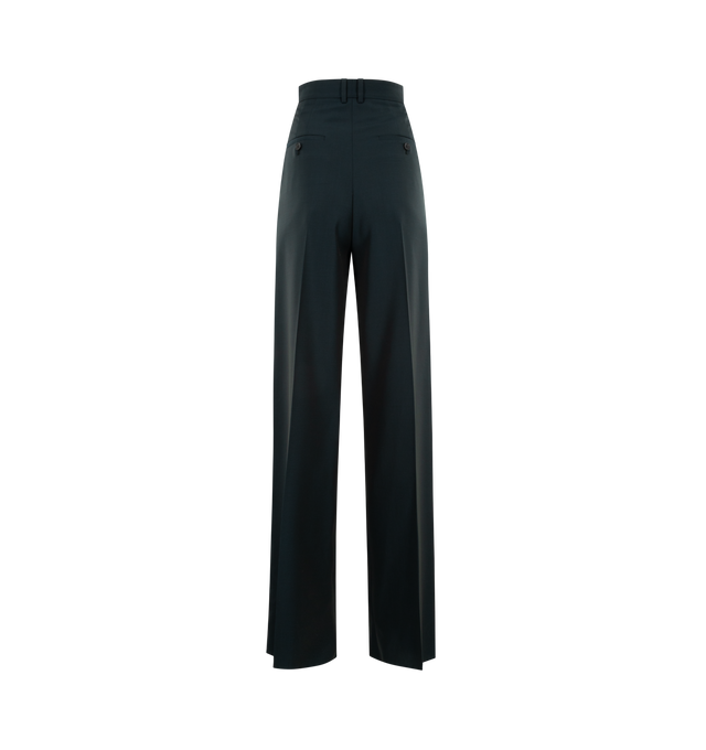 Image 2 of 3 - BLUE - SAINT LAURENT Wide-Leg Pants in wool and mohair featuring mid-rise, tailored fit, a wide leg with double pleat, center crease, certified wool and certified mohair, cotton and elastane lining, concealed front button, hook, and zip closure, two slash pockets at the front two jetted pockets at the back and waistband with belt loops. 75% wool, 25% mohair. Made in Italy.