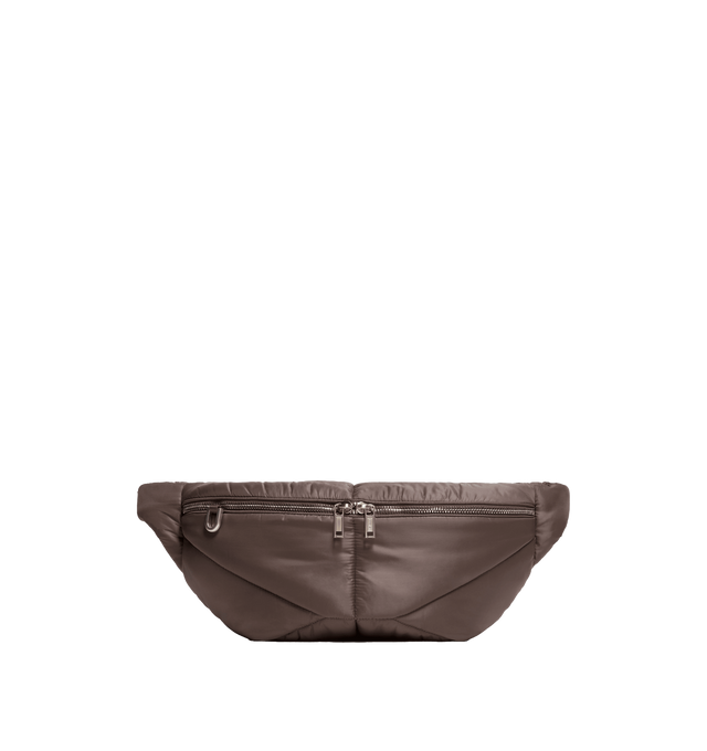 Image 1 of 1 - BROWN - RICK OWENS X MONCLER Bumbag Belt Bag featuring polyester, nylon lining, padded, ribbon belt with adjustable closure, zipper closure, zipped pocket, inner pockets and key ring. L 48 cm x H 19 cm x D 6 cm. 100% polyester.