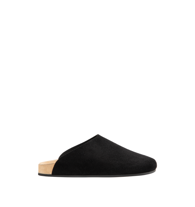 Image 1 of 4 - BLACK - THE ROW Hudson Two Slip On Mule featuring relaxed slip-on shoe in natural calfskin suede with round toe, contoured footbed, and durable rubber sole. 100% calfskin leather. Made in Italy.