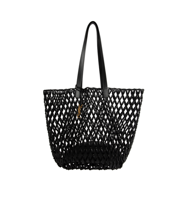 Image 1 of 3 - BLACK - SAINT LAURENT Beaded Shopping Bag featuring a distinct, unlined, and handcrafted design, two leather flat handles and a detachable leather keychain accessory. 35 cm x 29 cm x 25 cm. 100% wood beads. Made in Italy.