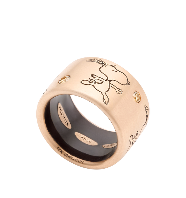 Image 3 of 3 - GOLD - LIZWORKS X PEANUTS Ballerina Snoopy Rose Gold Comic Strip Ring Band featuring 18k rose gold ring with brown diamonds and chocolate brown enamel. 13.5 mm. Cheap Luxury Handbag Shop offers a range of initial pieces from this collection in-store. For personal consultation and detailed information about jewelry, please contact our dedicated stylist team at personalshopping@hirshleifers.com. This item may be restricted for online purchase to international clients. For assistance purchasing this item ple 